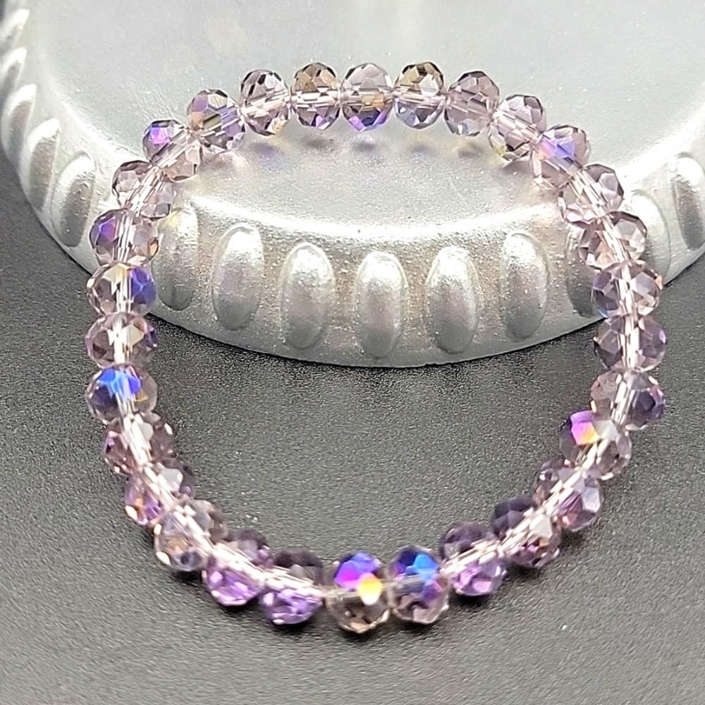 AB Crystal Faceted Stretch Bracelet Size 6.5 Aurora Borealis Blue Purple Sparkle